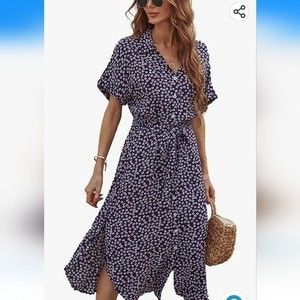 BROVAVE Short Sleeve Shirt Button Down Polka dot Midi dress